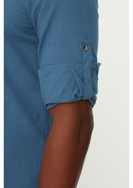 Erkek Moda Uzun Kol Dokuma Indigo Basic Hakim Yaka Apoletli Slim Fit Uzun Kollu Gömlek