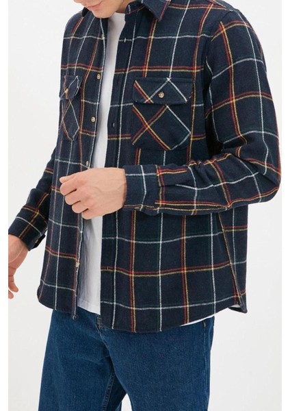 Erkek Moda Uzun Kol Dokuma Lacivert Regular Fit Uzun Kollu Çift Cepli Kışlık Oduncu Kareli Gömlek