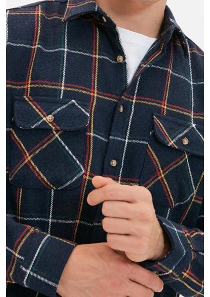 Erkek Moda Uzun Kol Dokuma Lacivert Regular Fit Uzun Kollu Çift Cepli Kışlık Oduncu Kareli Gömlek