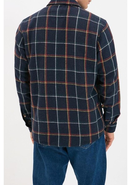 Erkek Moda Uzun Kol Dokuma Lacivert Regular Fit Uzun Kollu Çift Cepli Kışlık Oduncu Kareli Gömlek