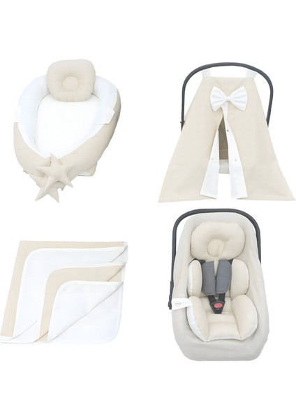 Babynest Ortopedik Bebek Yatak, Pike ve Puset Aksesuar 6' Lı Set, Gökkuşağı Serisi, Krem