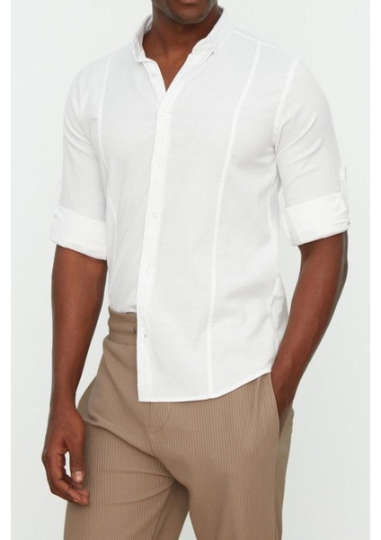 Erkek Moda Uzun Kol Dokuma Super Slim Fit Düğmeli Yaka Kulplu Apoletli Kolay Ütülenebilir Gömlek