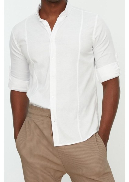 Erkek Moda Uzun Kol Dokuma Super Slim Fit Düğmeli Yaka Kulplu Apoletli Kolay Ütülenebilir Gömlek