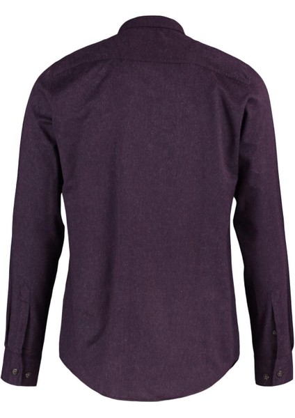 Erkek Moda Uzun Kol Dokuma Mürdüm Slim Fit Düğmeli Yaka Kışlık Gömlek