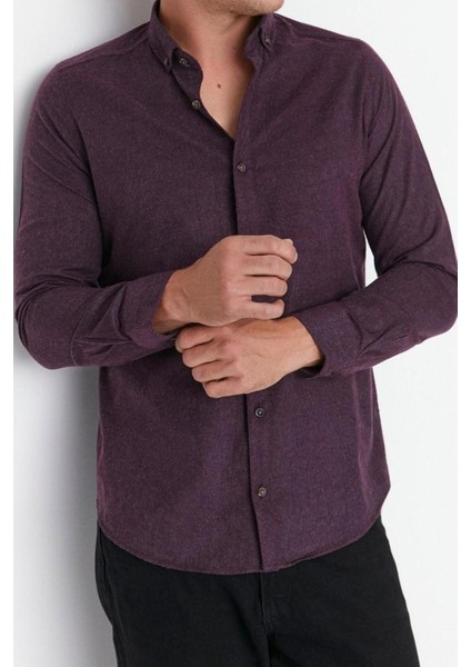 Erkek Moda Uzun Kol Dokuma Mürdüm Slim Fit Düğmeli Yaka Kışlık Gömlek fiyatları