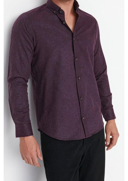 Erkek Moda Uzun Kol Dokuma Mürdüm Slim Fit Düğmeli Yaka Kışlık Gömlek modelleri