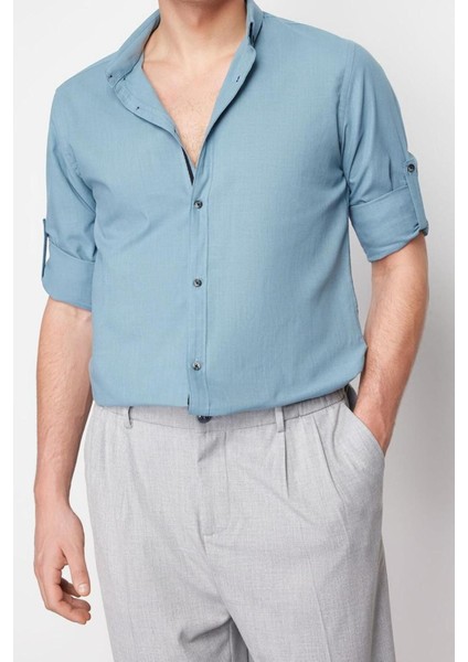Erkek Moda Uzun Kol Dokuma Mavi Slim Fit Düğmeli Yaka Apoletli Pamuklu Gömlek