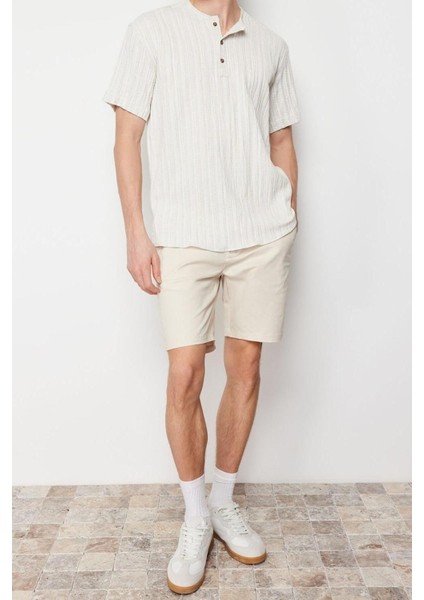 Erkek Moda Kısa Kol Dokuma Ekru Keten Içerikli Oversize Fit Gömlek