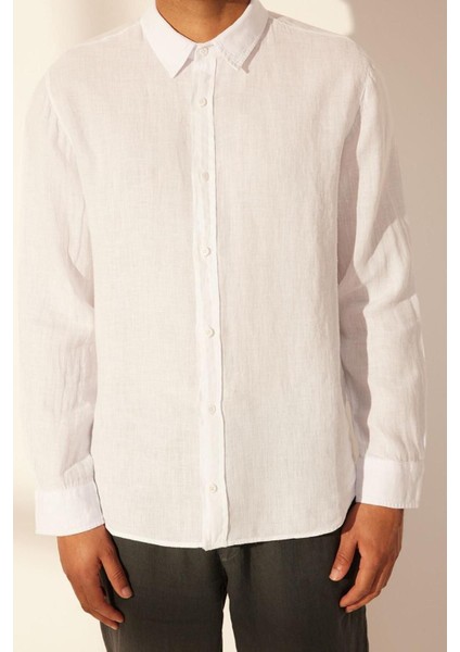 Erkek Moda Uzun Kol Dokuma Beyaz Limited Edition Keten Regular Fit Gömlek