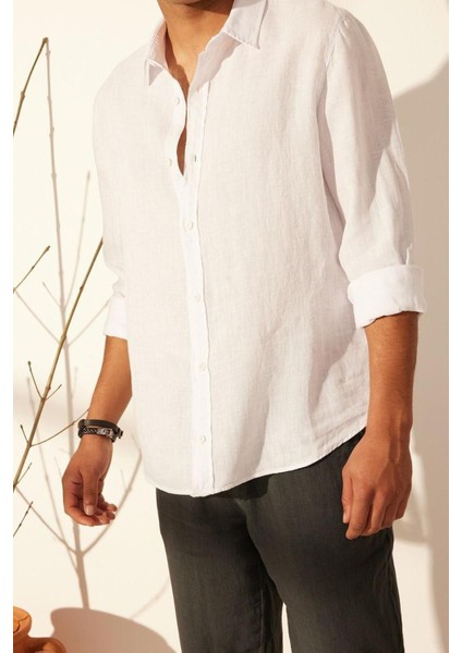 Erkek Moda Uzun Kol Dokuma Beyaz Limited Edition Keten Regular Fit Gömlek