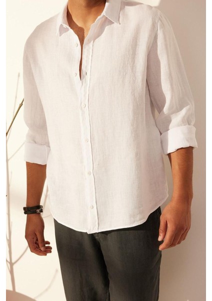 Erkek Moda Uzun Kol Dokuma Beyaz Limited Edition Keten Regular Fit Gömlek