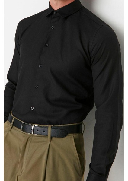 Erkek Moda Uzun Kol Dokuma Siyah Erkek Slim Fit Basic Oxford Klasik Kolay Ütülenebilir Gömlek