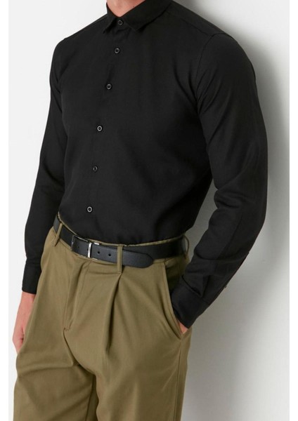 Erkek Moda Uzun Kol Dokuma Siyah Erkek Slim Fit Basic Oxford Klasik Kolay Ütülenebilir Gömlek