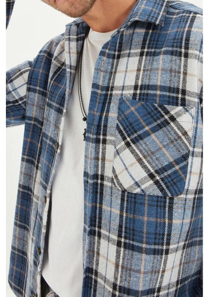 Erkek Moda Uzun Kol Dokuma Mavi Slim Fit Kışlık Kareli Ekose Oduncu Gömlek