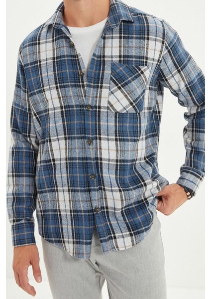 Erkek Moda Uzun Kol Dokuma Mavi Slim Fit Kışlık Kareli Ekose Oduncu Gömlek