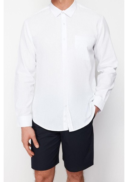 Erkek Moda Uzun Kol Dokuma Beyaz Regular Fit Pamuk Gömlek