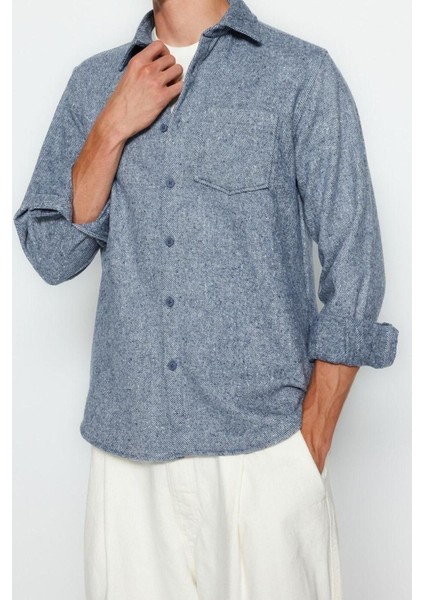 Erkek Moda Uzun Kol Dokuma Indigo Regular Fit Diagonel Desen Dokulu Kalın Kışlık Gömlek