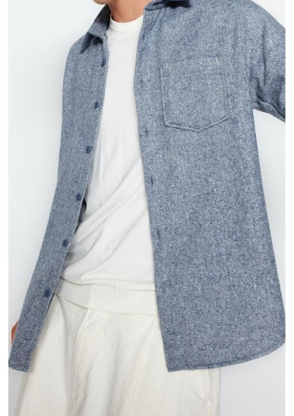 Erkek Moda Uzun Kol Dokuma Indigo Regular Fit Diagonel Desen Dokulu Kalın Kışlık Gömlek