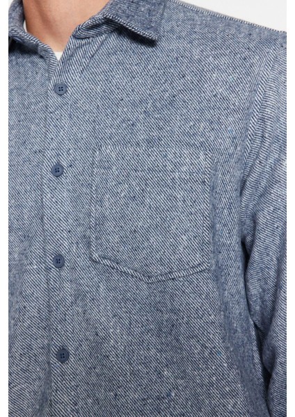 Erkek Moda Uzun Kol Dokuma Indigo Regular Fit Diagonel Desen Dokulu Kalın Kışlık Gömlek