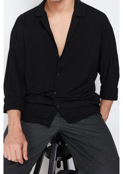 Erkek Moda Uzun Kol Dokuma Siyah Oversize Fit Apaş Yaka Yazlık Keten Görünümlü Gömlek