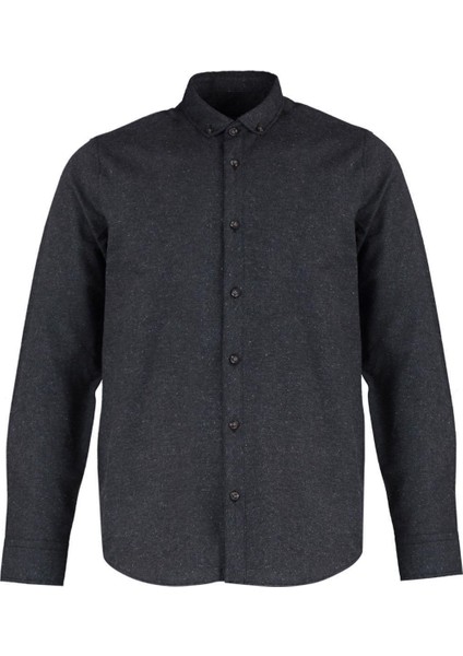 Erkek Moda Uzun Kol Dokuma Siyah Slim Fit Düğmeli Yaka Kışlık Gömlek