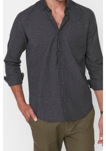 Erkek Moda Uzun Kol Dokuma Siyah Slim Fit Düğmeli Yaka Kışlık Gömlek