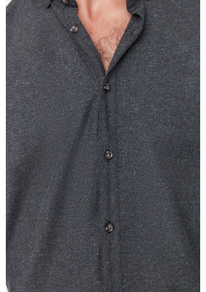 Erkek Moda Uzun Kol Dokuma Siyah Slim Fit Düğmeli Yaka Kışlık Gömlek