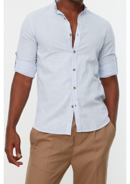 Erkek Moda Uzun Kol Dokuma Mavi Basic Hakim Yaka Apoletli Slim Fit Uzun Kollu Gömlek