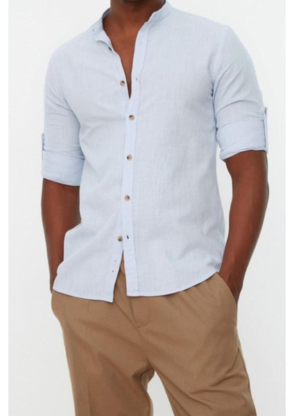 Erkek Moda Uzun Kol Dokuma Mavi Basic Hakim Yaka Apoletli Slim Fit Uzun Kollu Gömlek