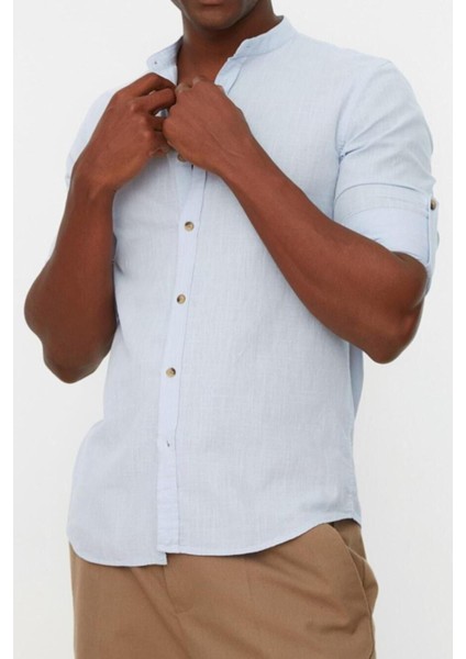 Erkek Moda Uzun Kol Dokuma Mavi Basic Hakim Yaka Apoletli Slim Fit Uzun Kollu Gömlek