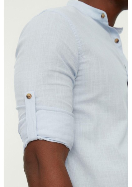 Erkek Moda Uzun Kol Dokuma Mavi Basic Hakim Yaka Apoletli Slim Fit Uzun Kollu Gömlek