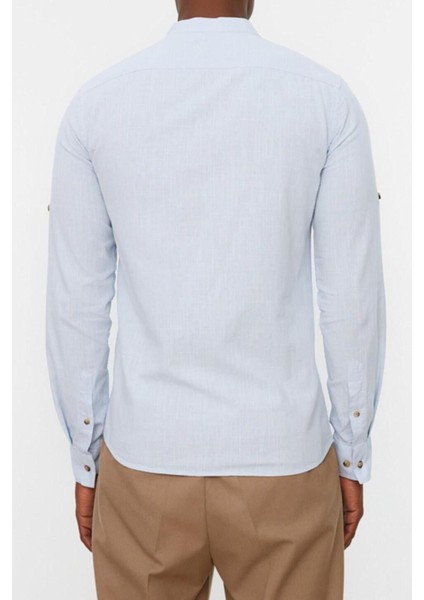 Erkek Moda Uzun Kol Dokuma Mavi Basic Hakim Yaka Apoletli Slim Fit Uzun Kollu Gömlek