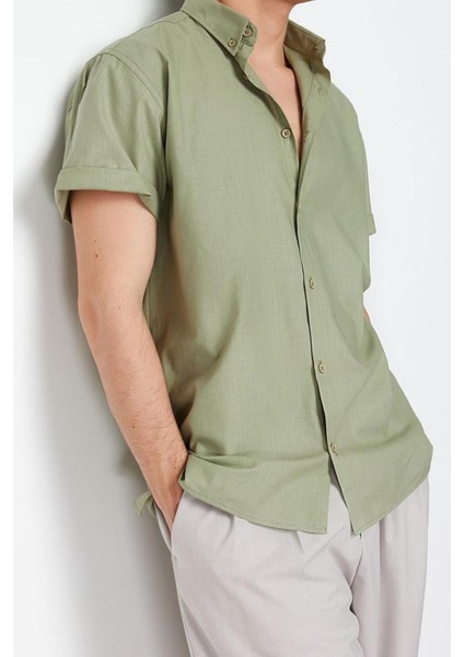 Erkek Moda Kısa Kol Dokuma Haki Oversize Fit Gömlek Yaka Kısa Kol Pamuk Gömlek