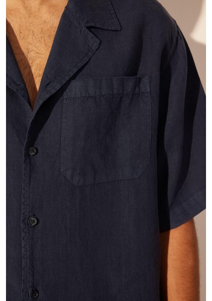 Erkek Moda Kısa Kol Dokuma Lacivert Limited Edition Keten Oversize Fit Gömlek