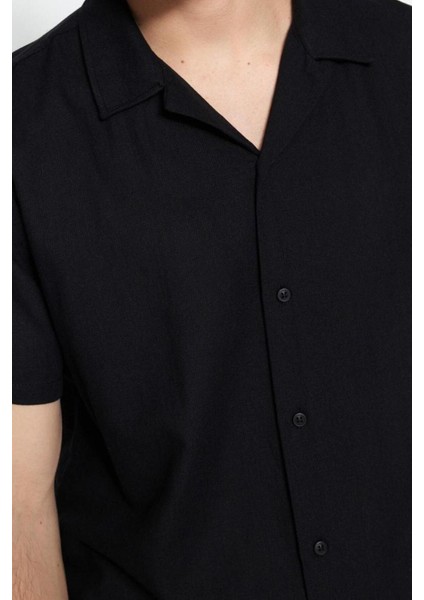 Erkek Moda Kısa Kol Dokuma Siyah Relaxed Fit Gömlek