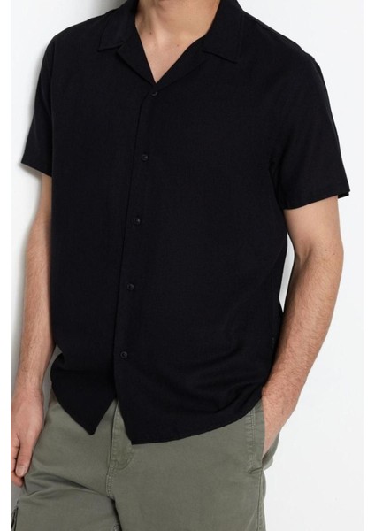 Erkek Moda Kısa Kol Dokuma Siyah Relaxed Fit Gömlek