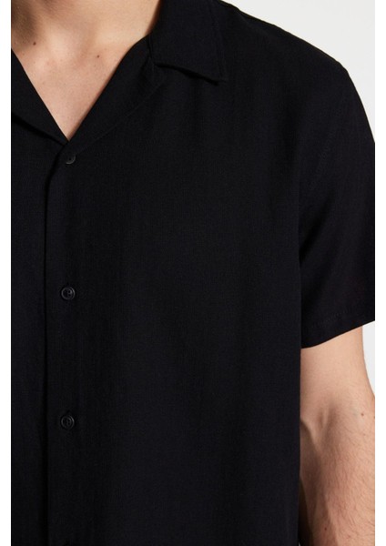 Erkek Moda Kısa Kol Dokuma Siyah Relaxed Fit Gömlek