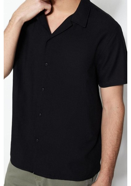 Erkek Moda Kısa Kol Dokuma Siyah Relaxed Fit Gömlek