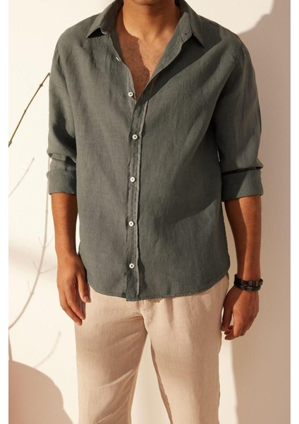 Erkek Moda Uzun Kol Dokuma Gri Limited Edition Keten Regular Fit Gömlek