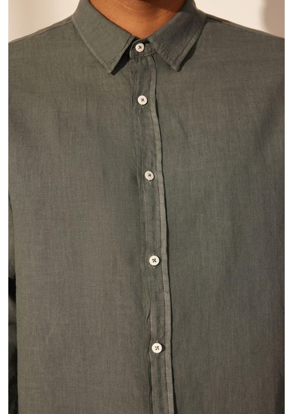 Erkek Moda Uzun Kol Dokuma Gri Limited Edition Keten Regular Fit Gömlek