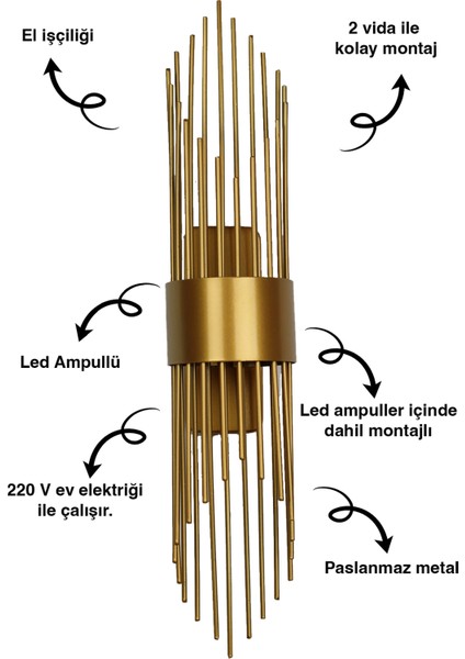 2 Adet- Aplik,led Ampüllü Tekli Duvar Apliği, Tekli Duvar Lambası, Otel Kafe Salon Ofis Için Aplik Mediven Model