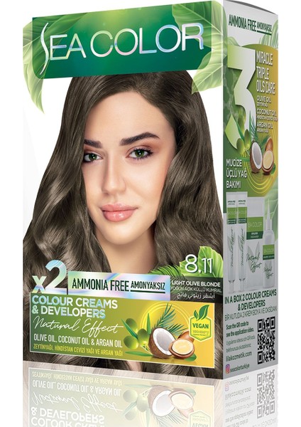 Amonyaksız, Vegan, Doğal, Besleyici Kalıcı Saç Boyası Beyaz Kapama (1 Paket 2 X 50 Ml) Yoğun Küllü Açık Kumral 8.11