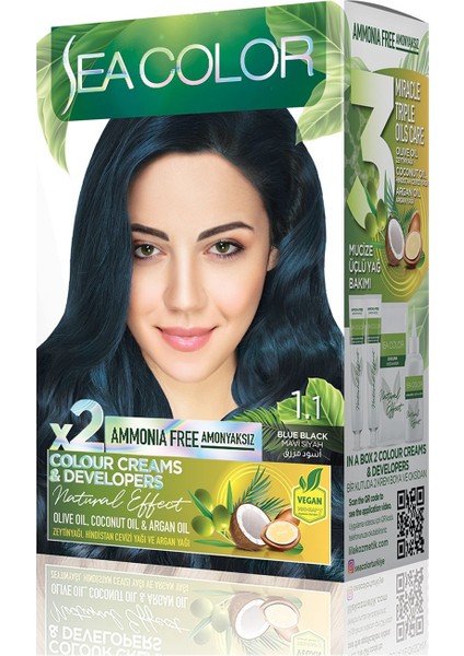 Amonyaksız, Vegan, Doğal, Besleyici Kalıcı Saç Boyası Beyaz Kapama (1 Paket 2 X 50 Ml) Mavi Siyah 1.1