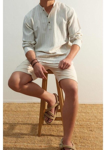 Erkek Moda Uzun Kol Dokuma Ekru Relaxed Fit Keten Içerikli Gömlek