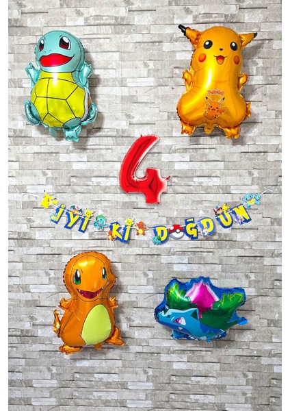 Pokemon Temalı Doğum Günü Parti Seti Pakemon Figürleri Balonlu Yaş Doğum Günü Rakam Balonlu Set