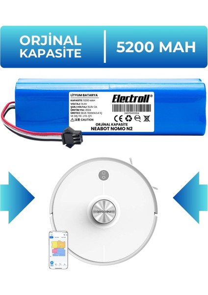 Neabot Nomo N2 Batarya (ORJİNAL KAPASİTE) 5200mah Pil Akıllı Robot Süpürge Batarya Değişimi