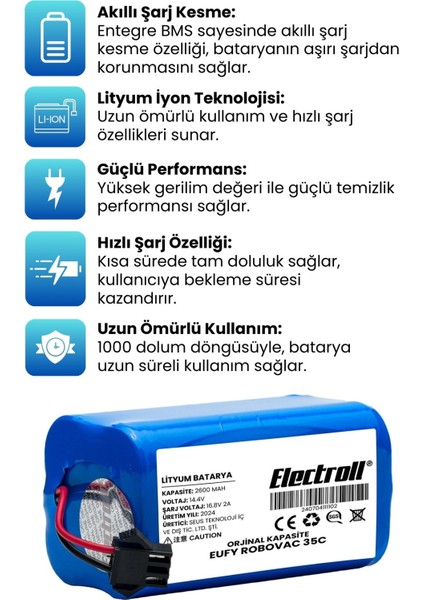 Eufy Robovac 35c Uyumlu Batarya (ORJİNAL KAPASİTE) 2600mah Pil Robot Süpürge Batarya Değişimi