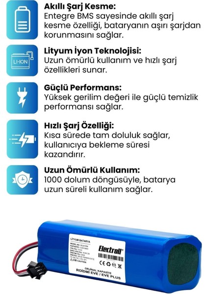 Roidmi Eve / Eve Plus Batarya Model Sdj01rm (ORJİNAL KAPASİTE) 5200mah Pil Robot Süpürge Bataryası