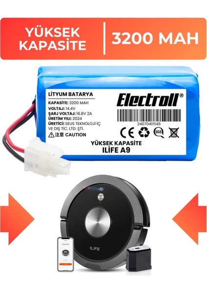 Ilife A9 Uyumlu Batarya (ULTRA YÜKSEK KAPASİTE) 3200mah Pil Robot Süpürge Batarya Değişimi