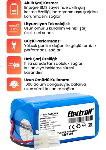 Ilife A9 Uyumlu Batarya (ULTRA YÜKSEK KAPASİTE) 3200mah Pil Robot Süpürge Batarya Değişimi